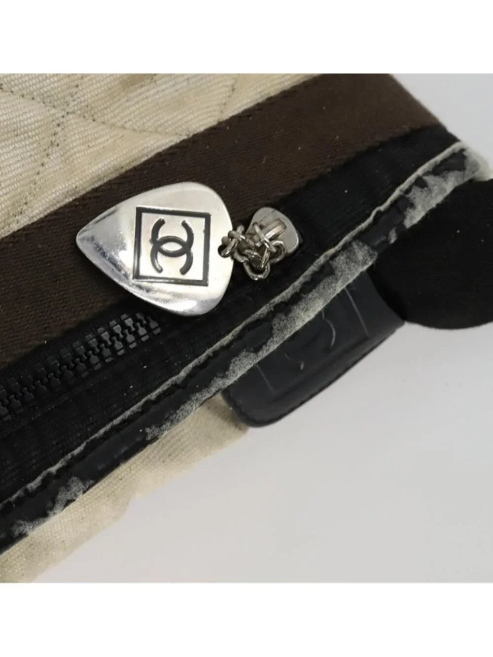 Authentic CHANEL Sports Line Shoulder Bag Canvas Beige Silver CC